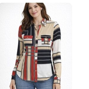 BCBGMaxAzria Geometric Patchwork Button-Down - Red, Black & Cream